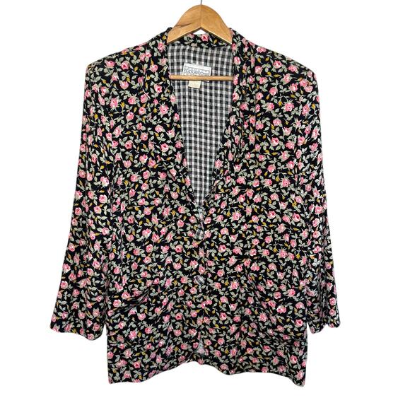 1990's Rampage Floral 2 Button Blazer Jacket Gingham Lining Pockets - Picture 2 of 7